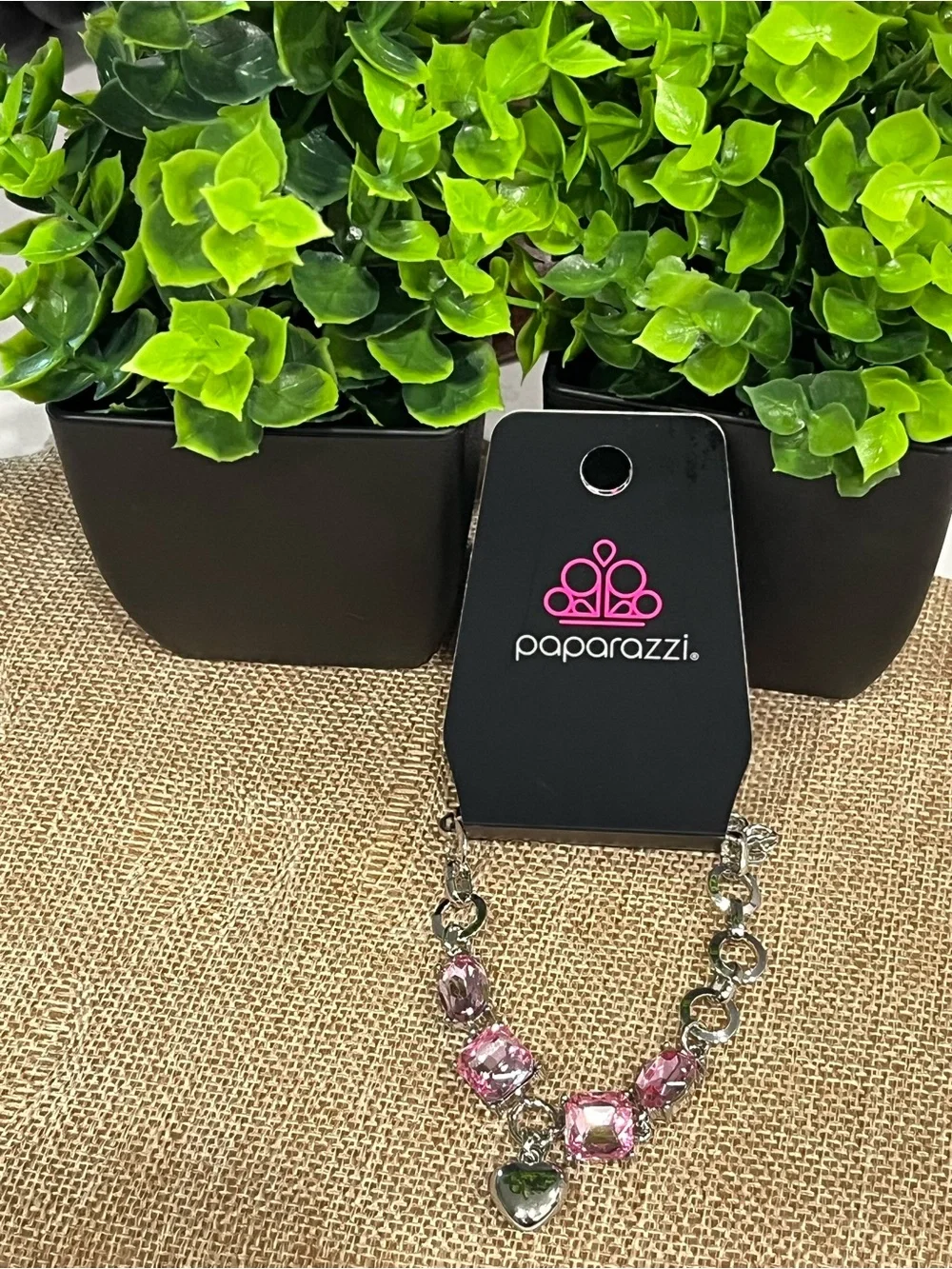 paparazzi Pink Crystal Heart Charm Bracelet with Silver-Tone Links